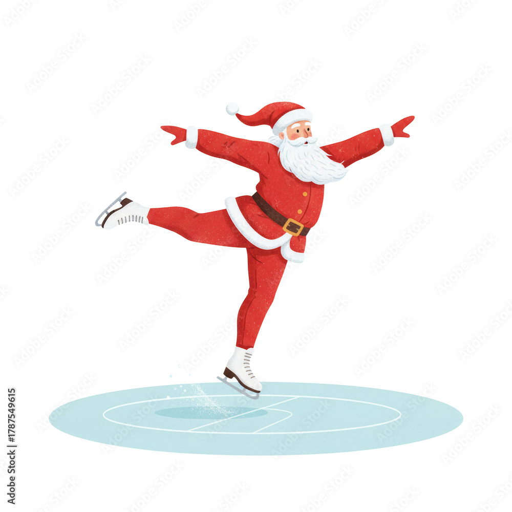 Naklejka premium PNG cut out isolated background. A dynamic digital illustration of Santa Claus smiling and gracefully figure skating on a patch of ice in an elegant, extended pose.