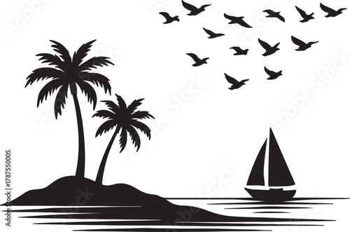  a tropical island with palm trees and a sailboat on a calm sea under a flock of birds white background