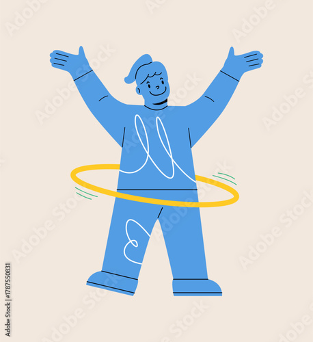 Girl playing with hula hoop. Colorful vector illustration