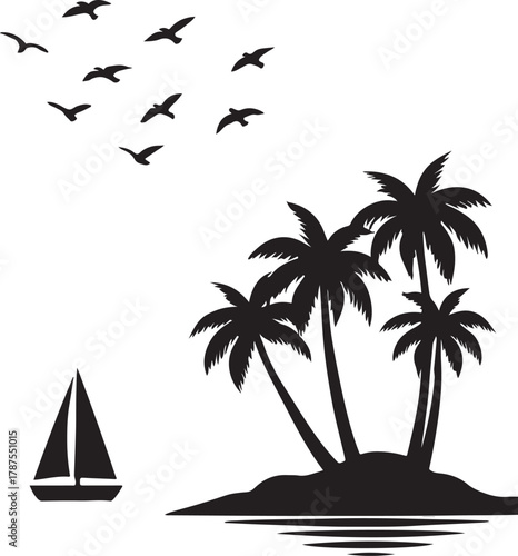  a tropical island with palm trees and a sailboat on a calm sea under a flock of birds white background