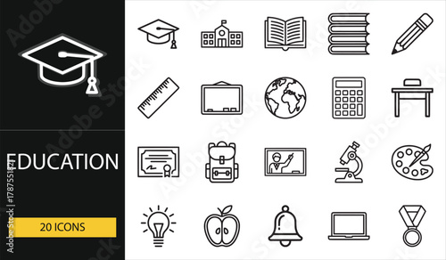 Education icons including school, books, globe, pencil, backpack, and teacher. Perfect for learning materials, infographics, and academic web designs