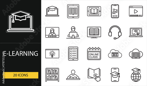 E-learning icon set for online classes, webinars, digital study, and distance education. Ideal for web, app, and academic UI designs