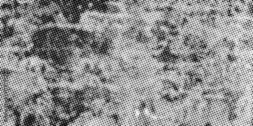 Aged halftone noise gradient texture. Grunge dirty speckles and spots background. White and black faded sand grain wallpaper. Retro pixelated comic horizontal backdrop. Vector