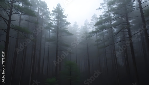 Dense forest shrouded in heavy fog with tall trees visible
