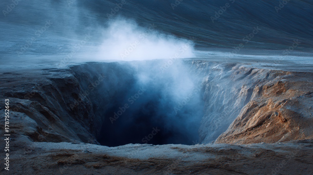 Fototapeta premium Large crater in the middle of a barren landscape. the crater appears to be deep and wide, with a deep hole in the center.