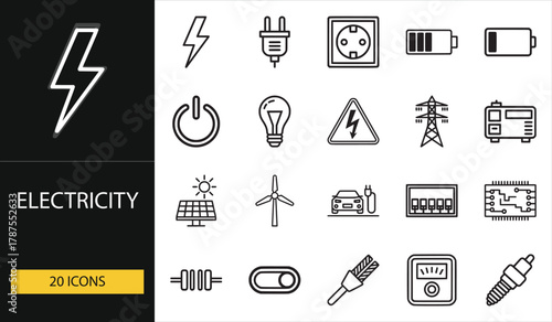 Electricity icons illustrating power, energy, circuits, solar, and batteries. Great for industrial, engineering, and renewable energy visuals