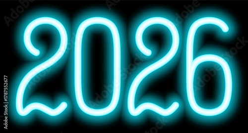 2026. Neon. Turquoise shining number. New Year. Color vector illustration. Isolated on black background. Idea for web design, banner.