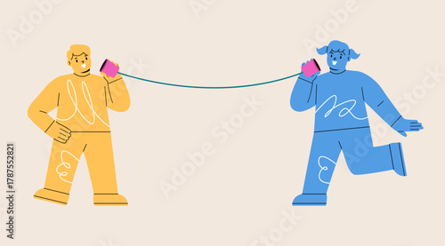 Boy and girl playing telephone toy. Colorful vector illustration
