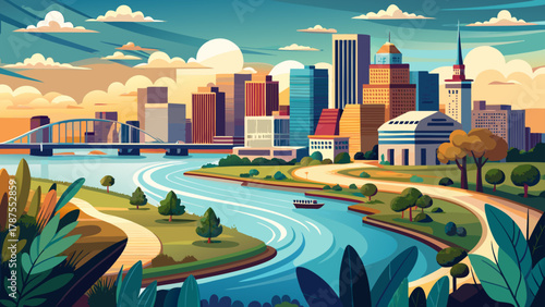 Very beautiful view of the Mississippi River with downtown Baton Rouge, Louisiana, USA in the background, featuring riverbanks, city skyline, and a realistic urban waterfront landscape.