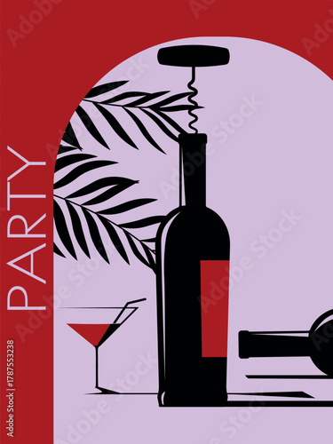 Drink party, restaurant poster, wine list, sommelier, wine sale, beach party concept, booze. Bar banner, alcohol menu, red wine, white, chardonnay, merlot, drunkenness, tropics, festival