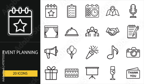 Event planning icons for party, meeting, or conference visuals. Includes calendar, mic, balloons, gift, and decoration symbols for creative designs