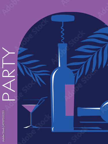 Nightclub, beach party, drinks, open-air bar, wine bottle, glass, corkscrew, drinking concept. Flat design, alcohol, liqueur, martini, red wine, alcoholism, festival, tropical celebration