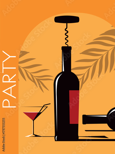 Restaurant banner, beach bar poster, nightclub, tropical party, flat design of a wine bottle, glass, corkscrew, palm trees. Drink party, red wine, white, merlot, chardonnay, cabernet, alcohol sales