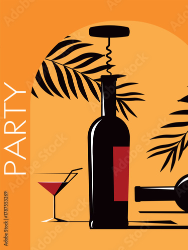 Party illustration, beach bar, restaurant banner, alcohol menu, drinking concept, wine bottles, corkscrew, and glass. Outline vector design, red wine, burgundy, chardonnay, martini, merlot, cabernet