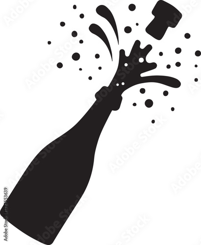 champagne bottle popping cork and spraying bubbles silhouette vector.