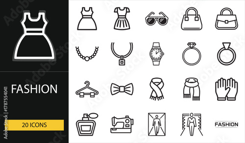 Fashion icon set featuring dress, bag, jewelry, perfume, and accessories. Perfect for beauty, boutique, clothing, and online store design projects