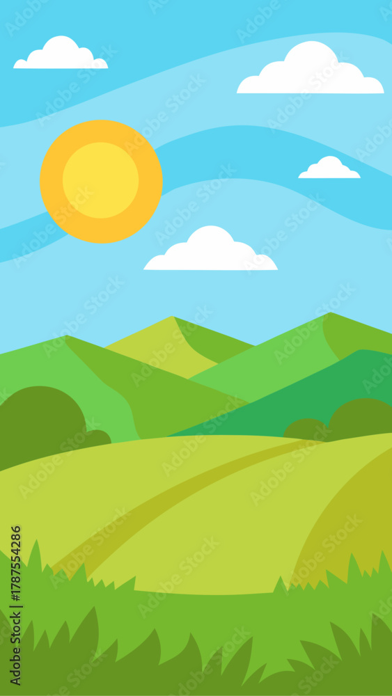 Fototapeta premium Cartoon landscape with rolling hills and bright sun