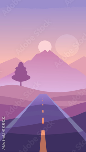 Road leading to mountains at sunset illustration