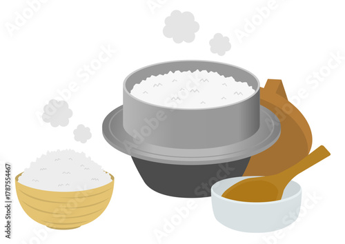 蓋の開いた釜と茶碗に入った炊き立ての白米のイメージイラスト
