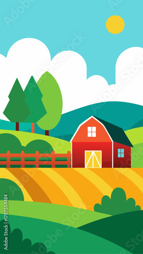 Illustration of a farm with barn and fields in daytime