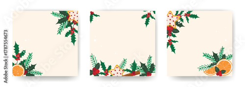 Set square templates for New Year's and Christmas design. Social media post layout with copy space. Festive, cozy, atmospheric layouts, vector graphics