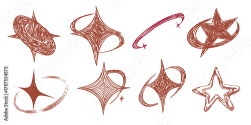 Elegant hand drawn swirly shooting star sticker, trendy tattoo design set.Star doodles hand drawn galaxy swirl icon or logo template.
