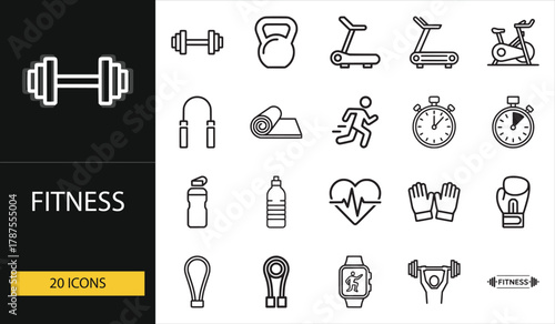 Fitness and gym icon set showing workout, running, heart rate, and training tools. Great for sports apps, health projects, and lifestyle visuals