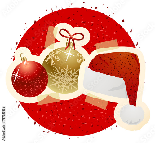 Christmas illustration with Santa hat and baubles, white background. Vector art