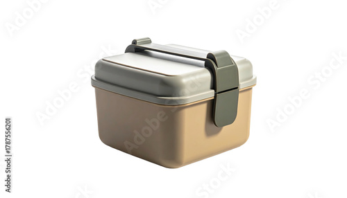 Beige, capped container with dark gray clasps
