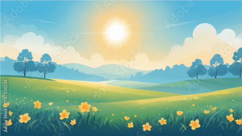 Summer landscape with grassy meadow under sunny sky and trees