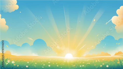 Summer landscape with grassy meadow under sunny sky and trees