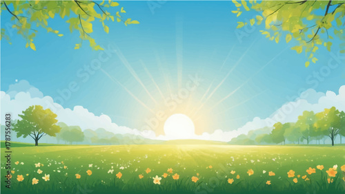 Summer landscape with grassy meadow under sunny sky and trees