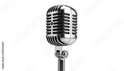 Shiny chrome microphone on black background, vintage style