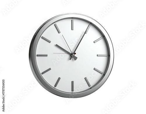 Silver-rimmed clock with white face and gray hour markers