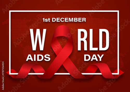 Poster illustration campaign of world AIDS day with the day and name of event, example text in white frame and red world map background. All in vector design