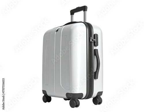 White suitcase on wheels, telescoping handle, isolated view