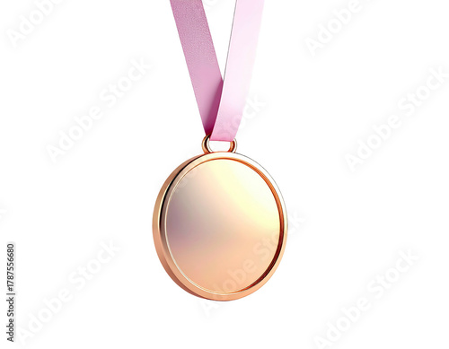 Rose gold medal hangs from pink ribbon against a black backdrop