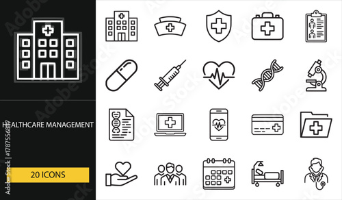 Healthcare management icons with hospital, medicine, doctor, and health monitoring symbols. Great for medical, clinic, and hospital-related visuals