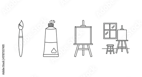 Inspiring artist's studio scene featuring a paintbrush, paint tube, easel, and window, perfect for creative projects and art education themes.