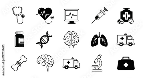 Essential medical icons depicting healthcare, science, and emergency services for dynamic visual projects.