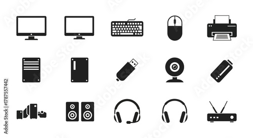 Modern computer hardware icons essential for tech presentations, websites, and digital projects