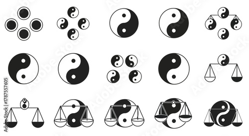 Explore diverse yin yang symbols and balance scales representing harmony, duality, justice, and equilibrium for modern design projects