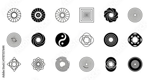 Modern geometric shapes and symbols collection for branding and design projects, offering clean, abstract, and dynamic visual elements.