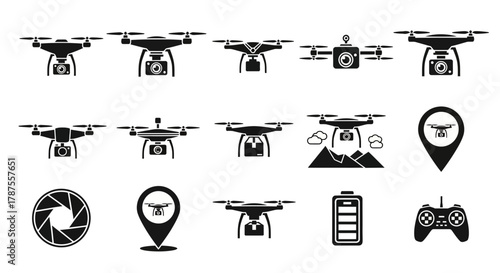 Explore versatile drone icons showcasing aerial photography, delivery, and remote control for modern technology applications