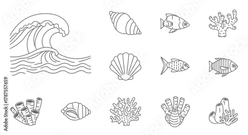 Captivating collection of ocean wave, seashell, fish, and coral line art icons for vibrant marine designs