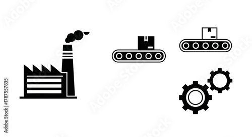 Modern factory icons depicting industry production processes with conveyor belts and gears for manufacturing and logistics concepts
