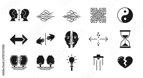 Diverse collection of icons symbolizing relationships, duality, time, ideas, and emotional states for modern visual communication