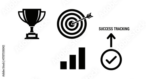 Achieve your goals with a trophy, target, and growth chart icons representing success tracking and progress.