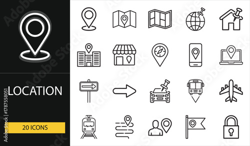 Location icons with map pins, GPS, and navigation tools. Great for travel, transport, mobile, and delivery app interfaces