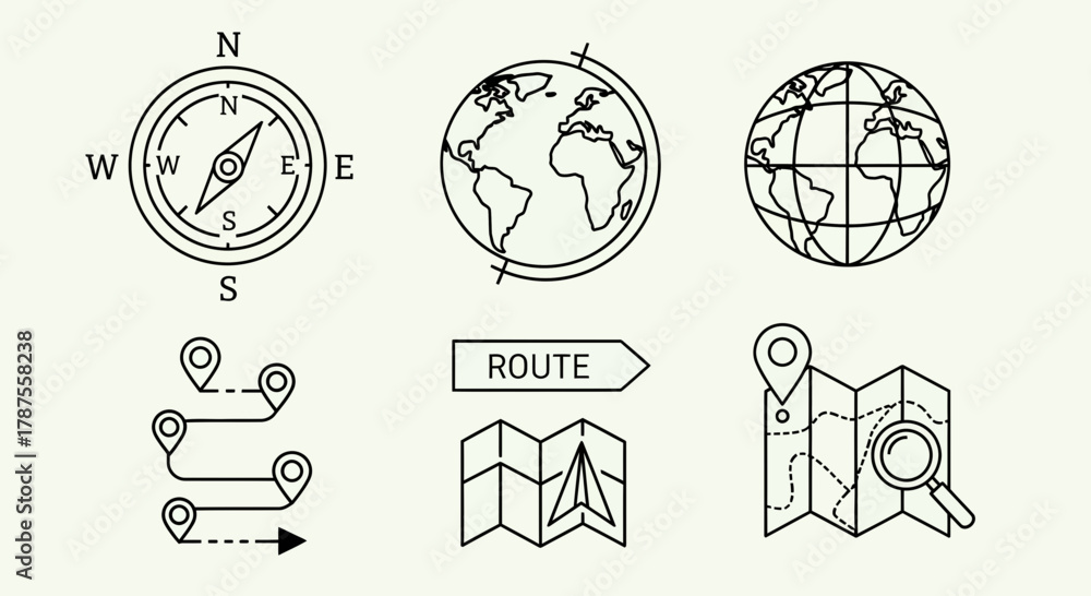 Fototapeta premium Navigate your next adventure with stunning compass, globes, route pins, and map icons for travel planning and global exploration inspiration.